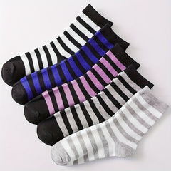 5 Pairs Striped Crew Socks Comfy & Breathable Women's Mid Tube Stockings
