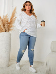 Solid Hollow Out Long Sleeve V Neck Sweater