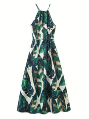 Tropical Print Split Thigh Dress Boho High Waist Crew Neck Sleeveless Summer Dre