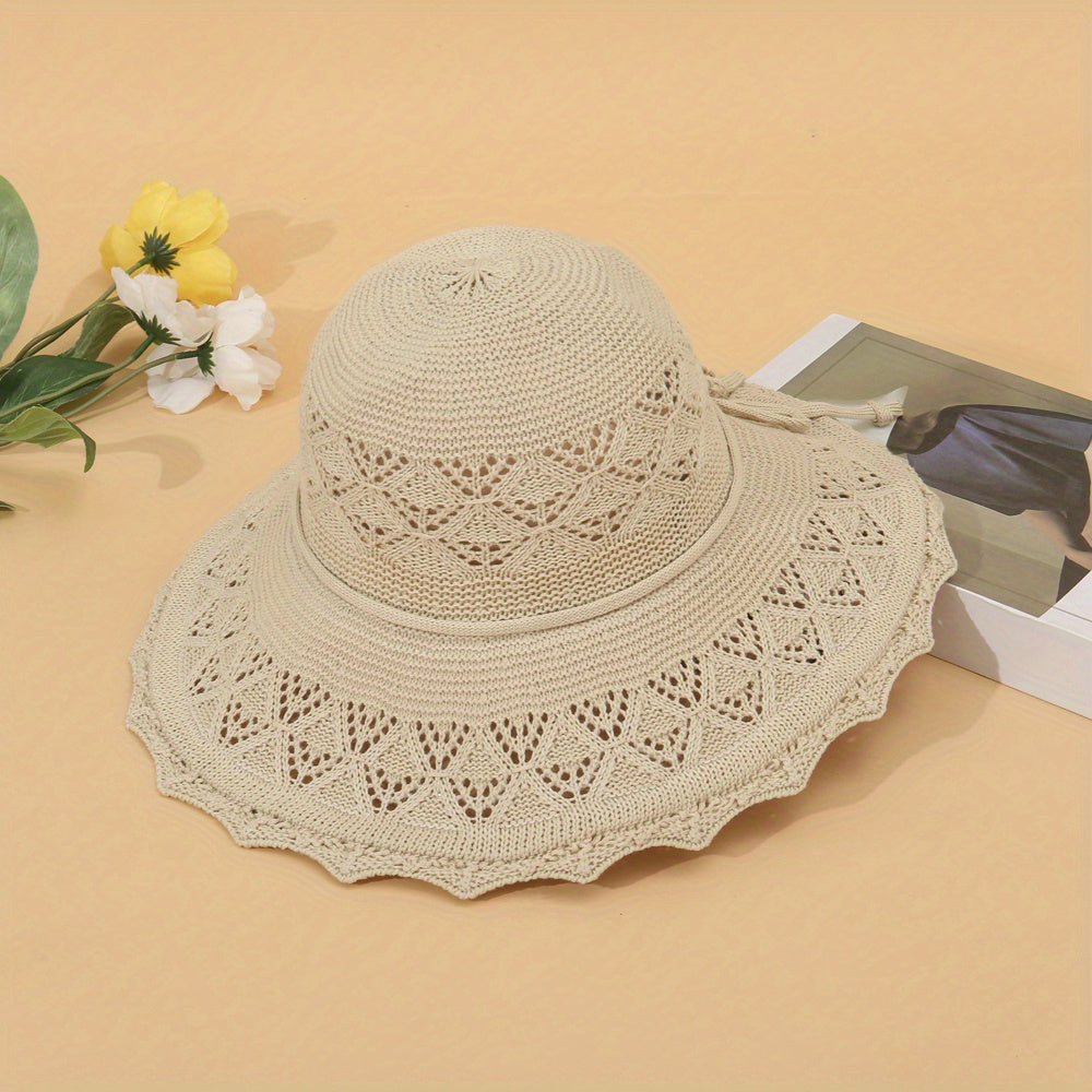 Hollow Out Crochet Bucket Hat Wide Brim Thin Breathable Basin Hat