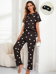 Heart Print Pajama Set Short Sleeve Crew Neck Top & Elastic Waistband Pants