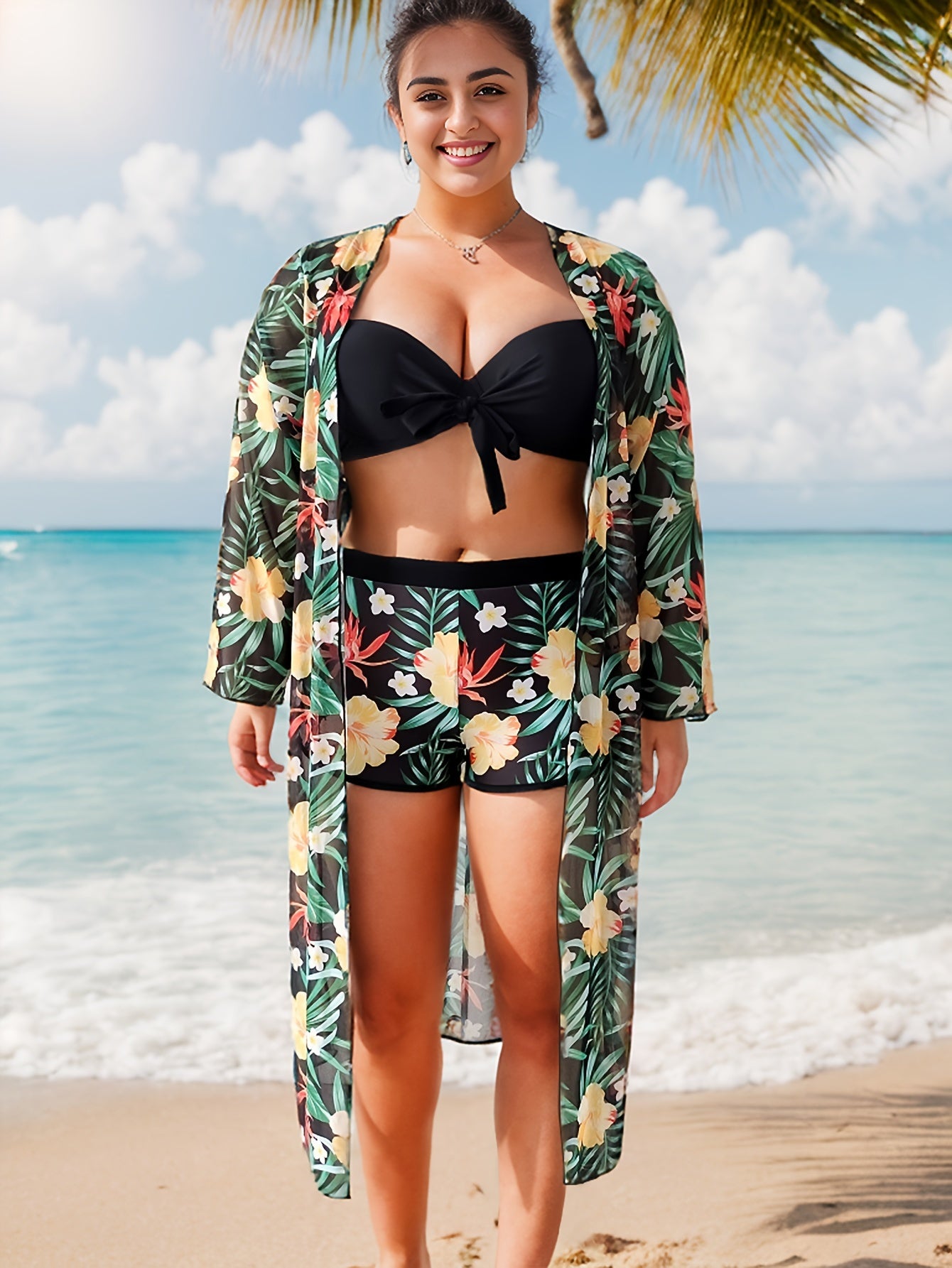 Tropical Print Bikini Set & Cover Up