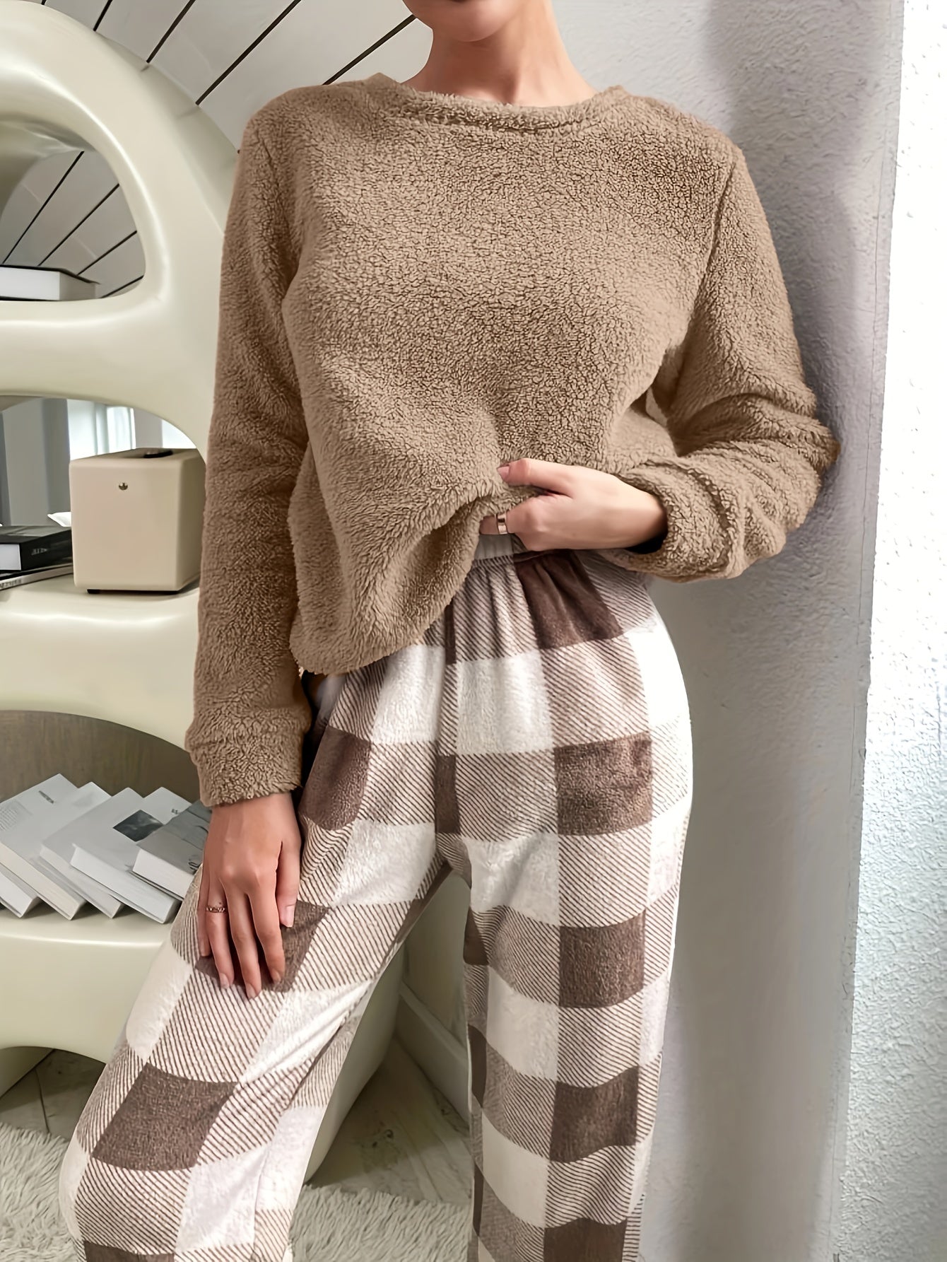 Flannel Pajama Set: Crew Neck Top & Plaid Pants