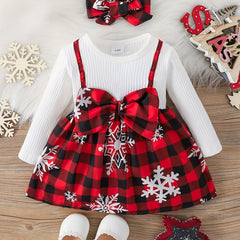 2pcs Baby Girl Christmas Bow Snowflake Dress Headscarf Set
