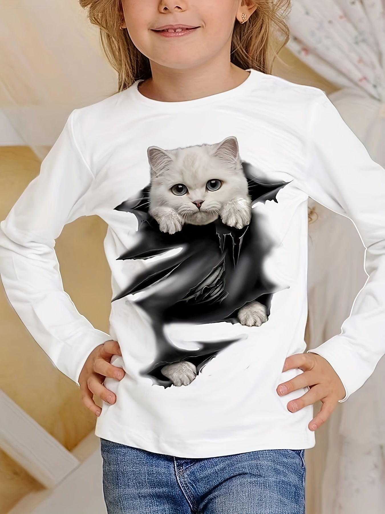3D Kitty Graphic Long Sleeve T shirt Girls Comfy Tees