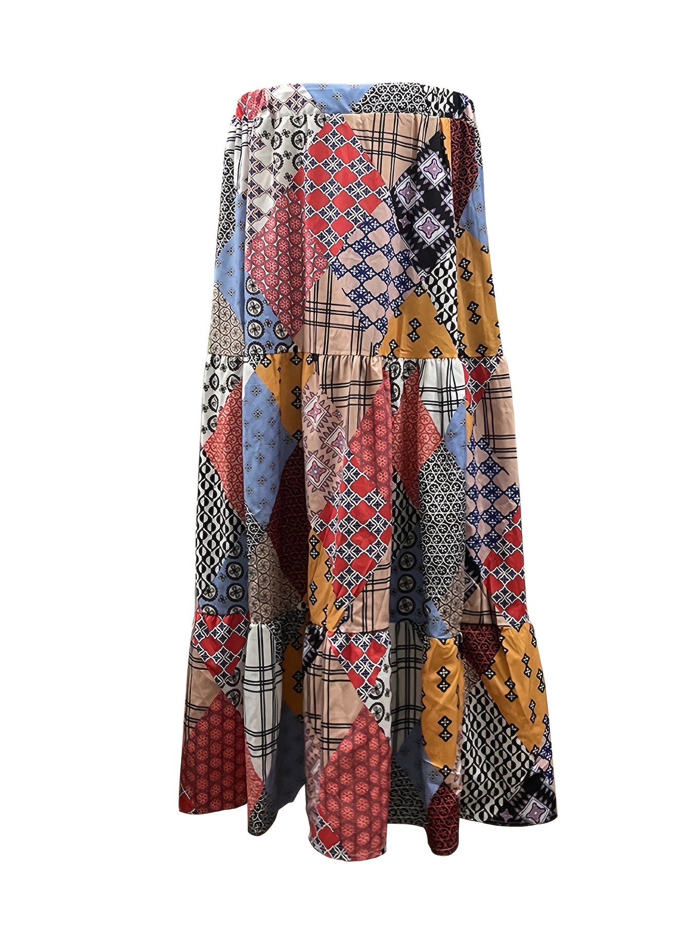 Patchwork Print High Rise Smock Maxi Skirt
