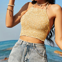 Floral Print Halter Crop Top Tie Back Summer Sleeveless