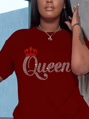Queen Letter Print 2 Piece Set Crew Neck T shirt & Yoga Shorts