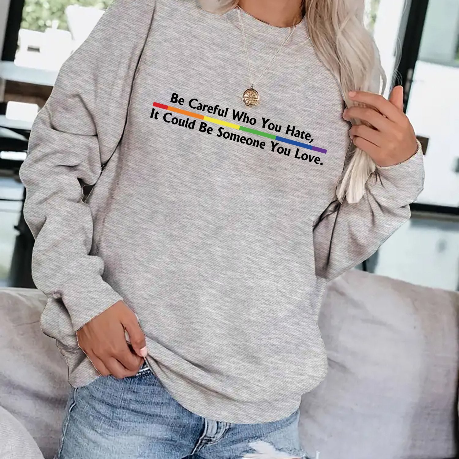 Slogan Print Crew Neck Sweatshirt for Women