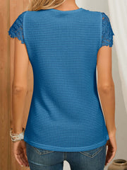 Lace Contrast Button Front Blouse Top V Neck Short Sleeve Tops