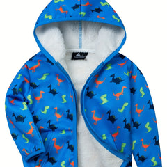 Kid's Dinosaur Print Fleece Jacket Hooded Coat