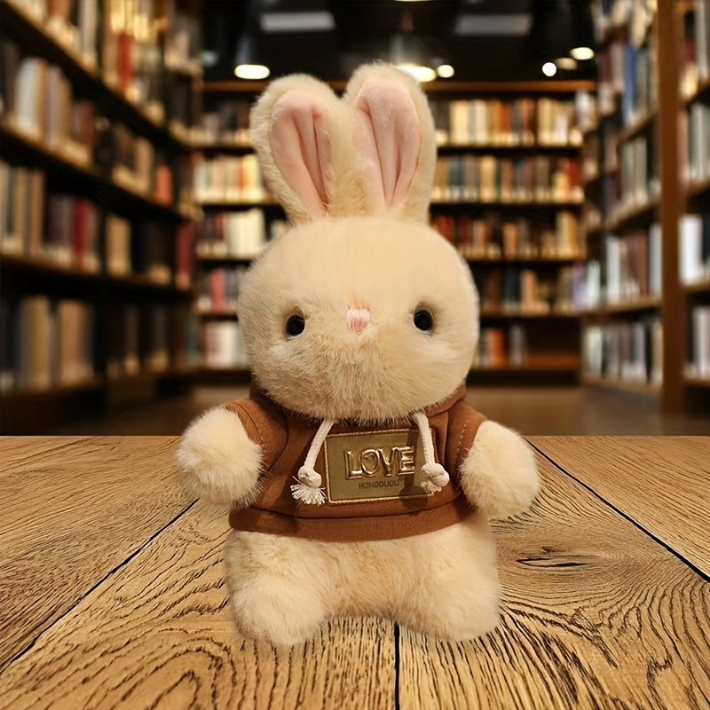 11.81In Plush Rabbit Doll Round Body Light Beige Fur Pink Ears Brown Hoodie