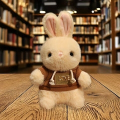 11.81In Plush Rabbit Doll Round Body Light Beige Fur Pink Ears Brown Hoodie