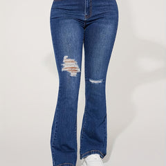 High Rise Flare Leg Jeans Distressed Bell Bottom Denim Pants