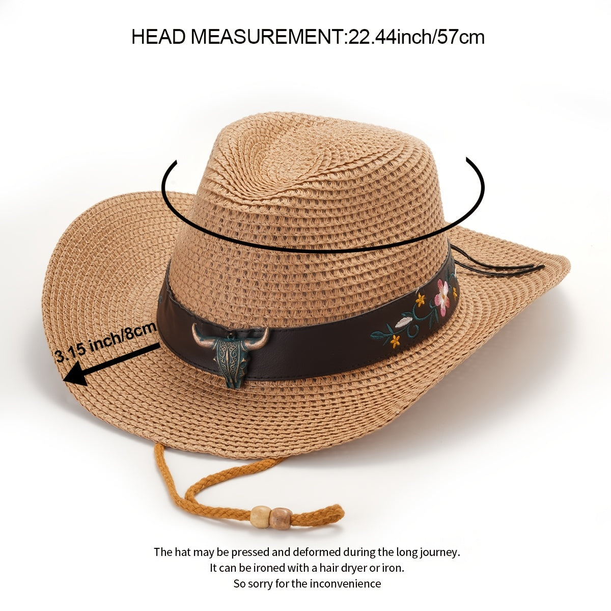 Vintage Cow Head Belt Straw Hat Cowboy Hat