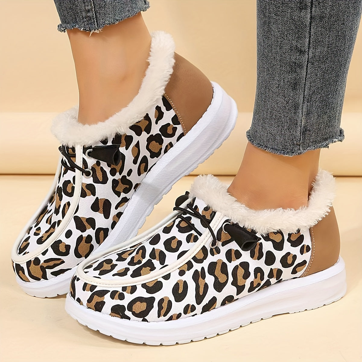 Leopard Print Plush Lined Snow Boots Slip On Canvas Winter Ankle Boots