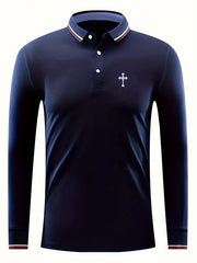Men's Comfy Cross Pattern Long Sleeve Polo Shirt
