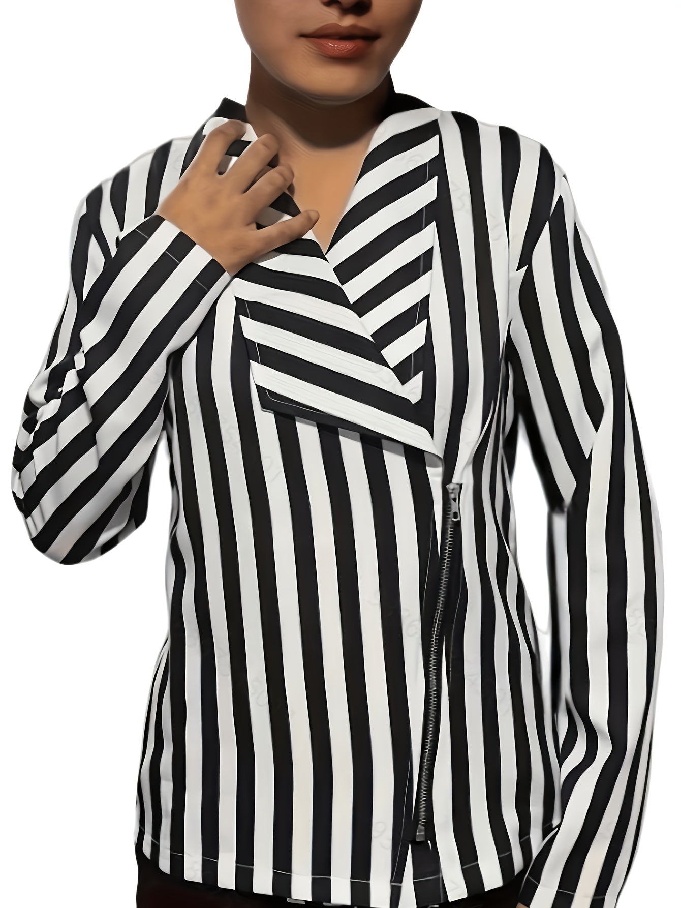 Striped Print Zipper Blazer Long Sleeve