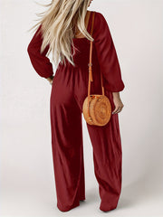 Solid Shirred Long Sleeve Wide Leg Jumpsuit