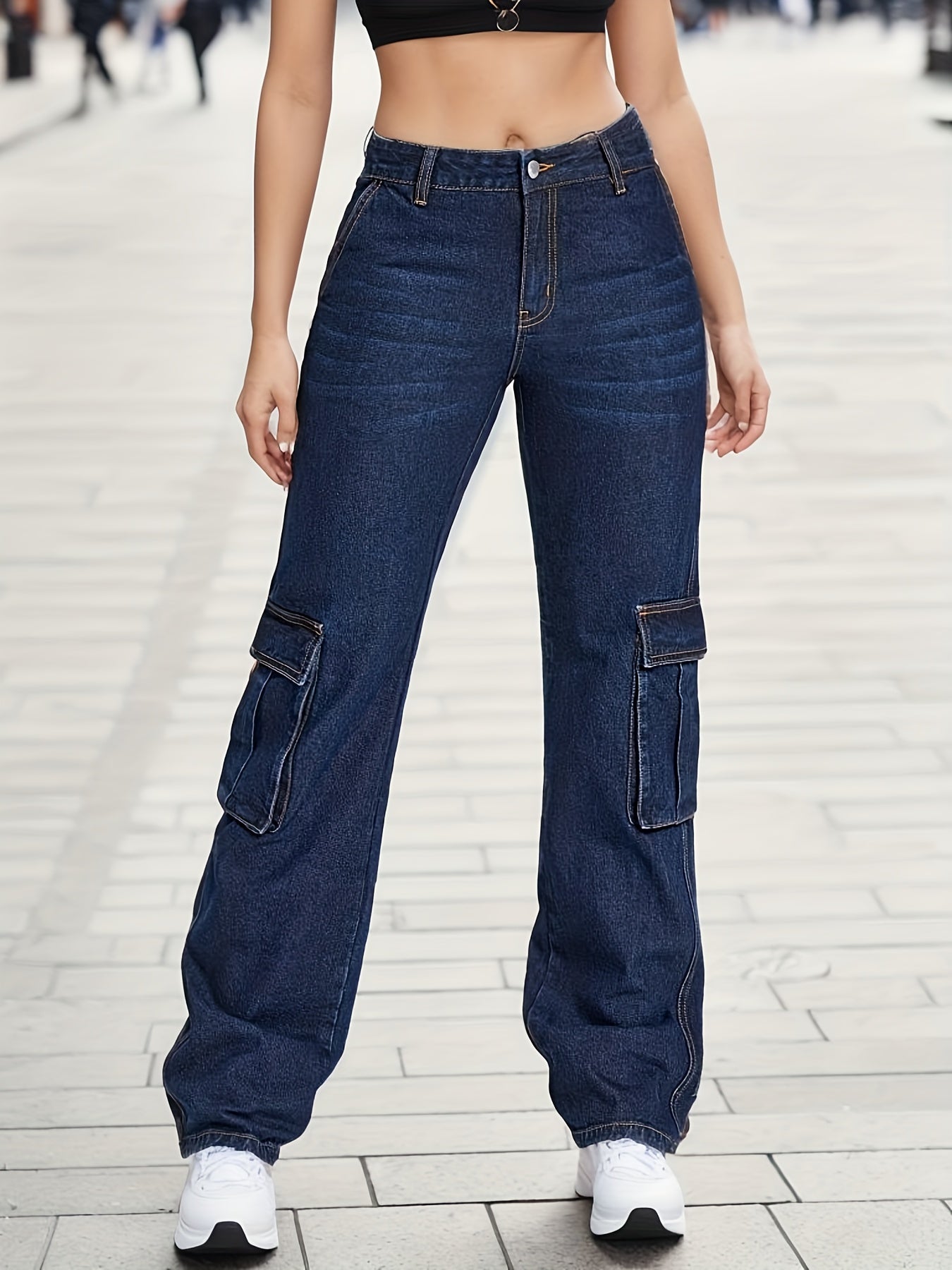 Dark Cargo Pants Flap Pockets Loose Fit Non Stretch Denim Y2K Style