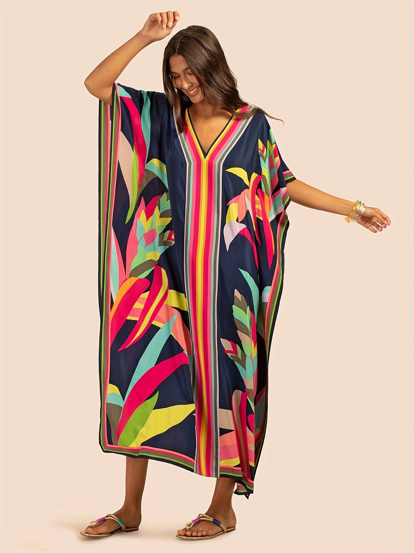 Plus Size Boho Kimono Women's Plus Floral Print Maxi Cover Up Dress