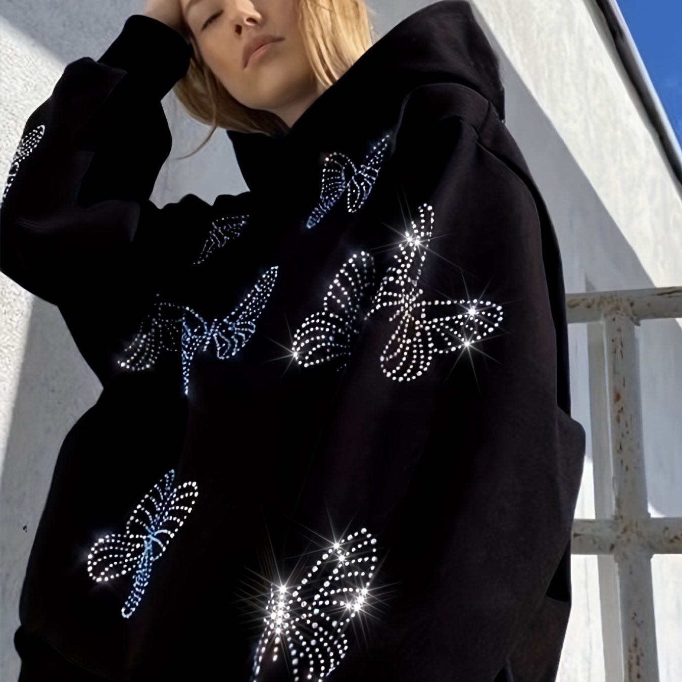 Butterfly Rhinestone Hoodie Long Sleeve Loose Sweatshirt