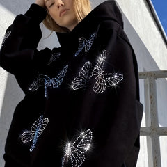 Butterfly Rhinestone Hoodie Long Sleeve Loose Sweatshirt