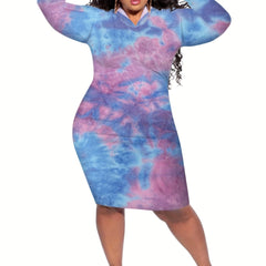 Boho Dress Women's Plus Tie Dye Long Sleeve Hooded Sweatshirt Dress