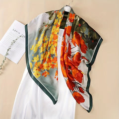 Flower Print Bandana Block Square Scarf Satin Shawl Women Windproof Head Wrap