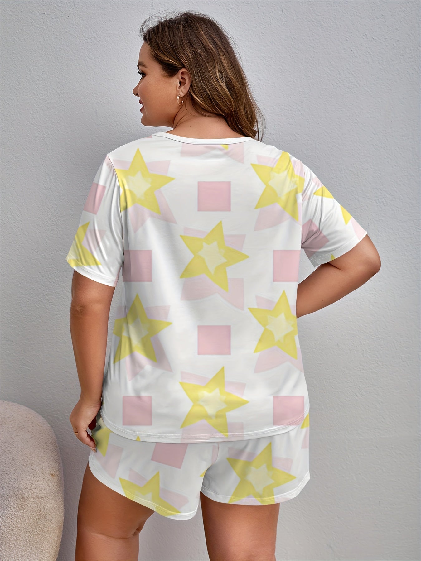 Star & Geo Print Pajama Set Short Sleeve Tee & Shorts