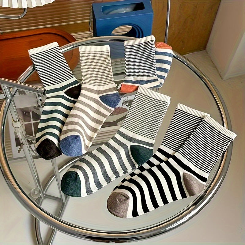 5 Pairs Women's Striped Print Mid Tube Socks