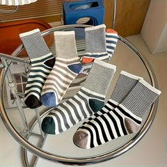 5 Pairs Women's Striped Print Mid Tube Socks