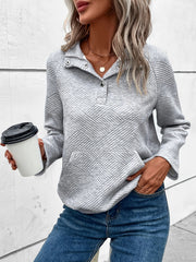 Chevron Pattern Button Front Sweatshirt Long Sleeve Kangaroo Pocket Top