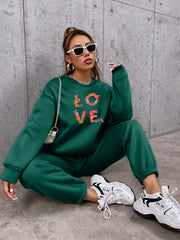 2pcs Love Print Crew Sweatshirt & Jogger Pants Set Women's Activewear
