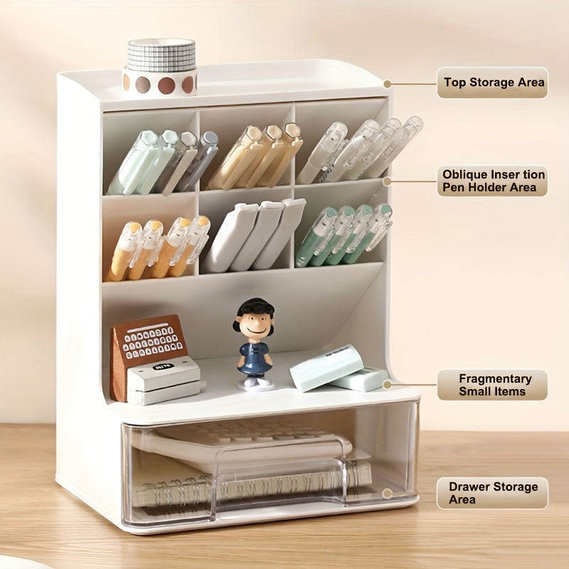 Pen Holder Desktop Storage Rack with 7 Compartments and 1 Drawer