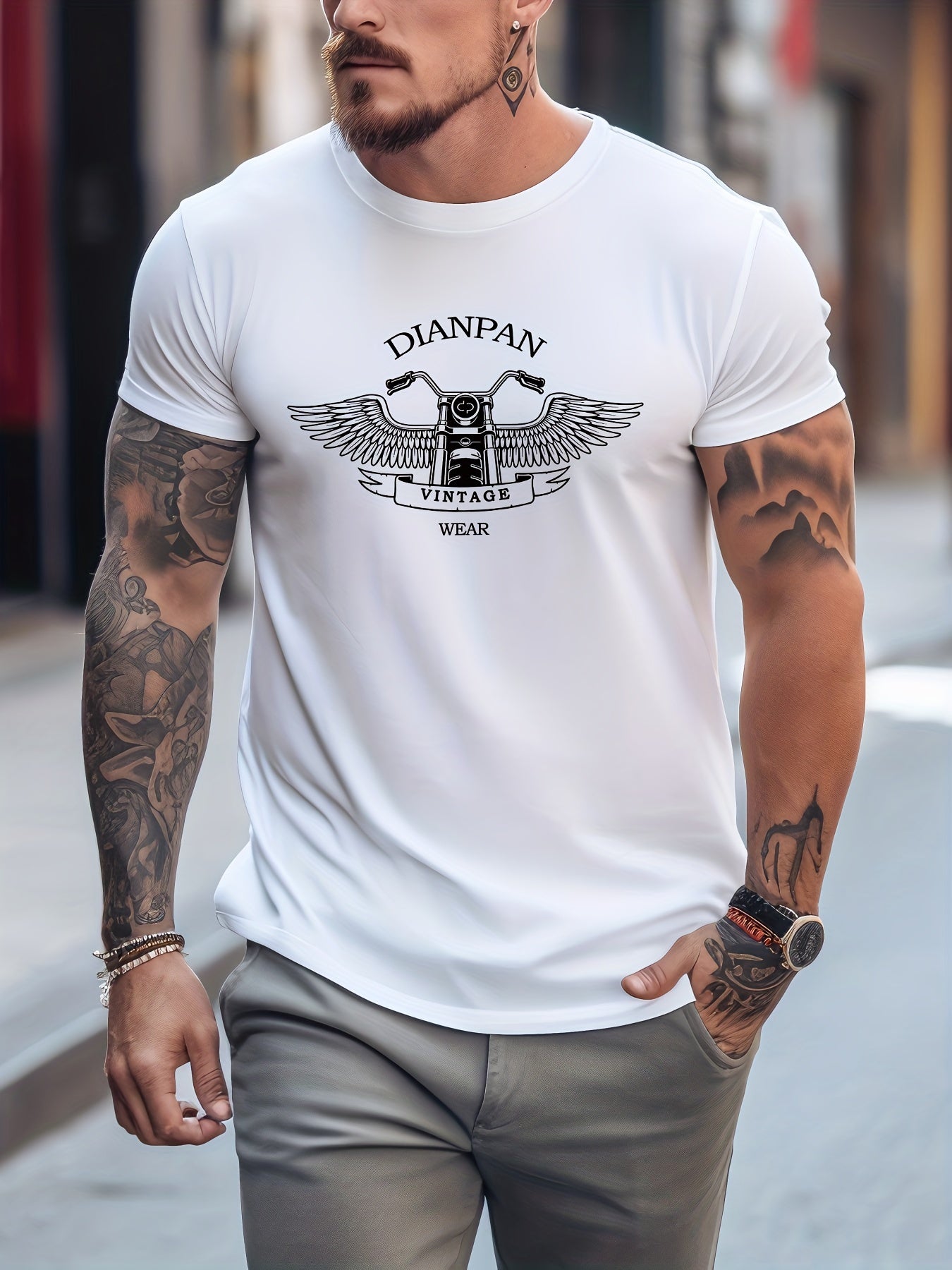 Retro Pattern Print Men's Graphic Crew Neck Active T shirt