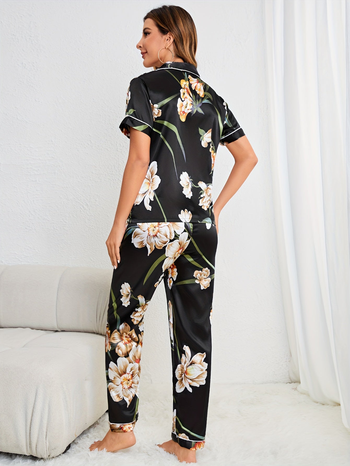Floral Print Pajama Set Short Sleeve Buttons Top & Elastic Waistband Pants