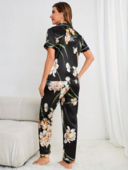Floral Print Pajama Set Short Sleeve Buttons Top & Elastic Waistband Pants