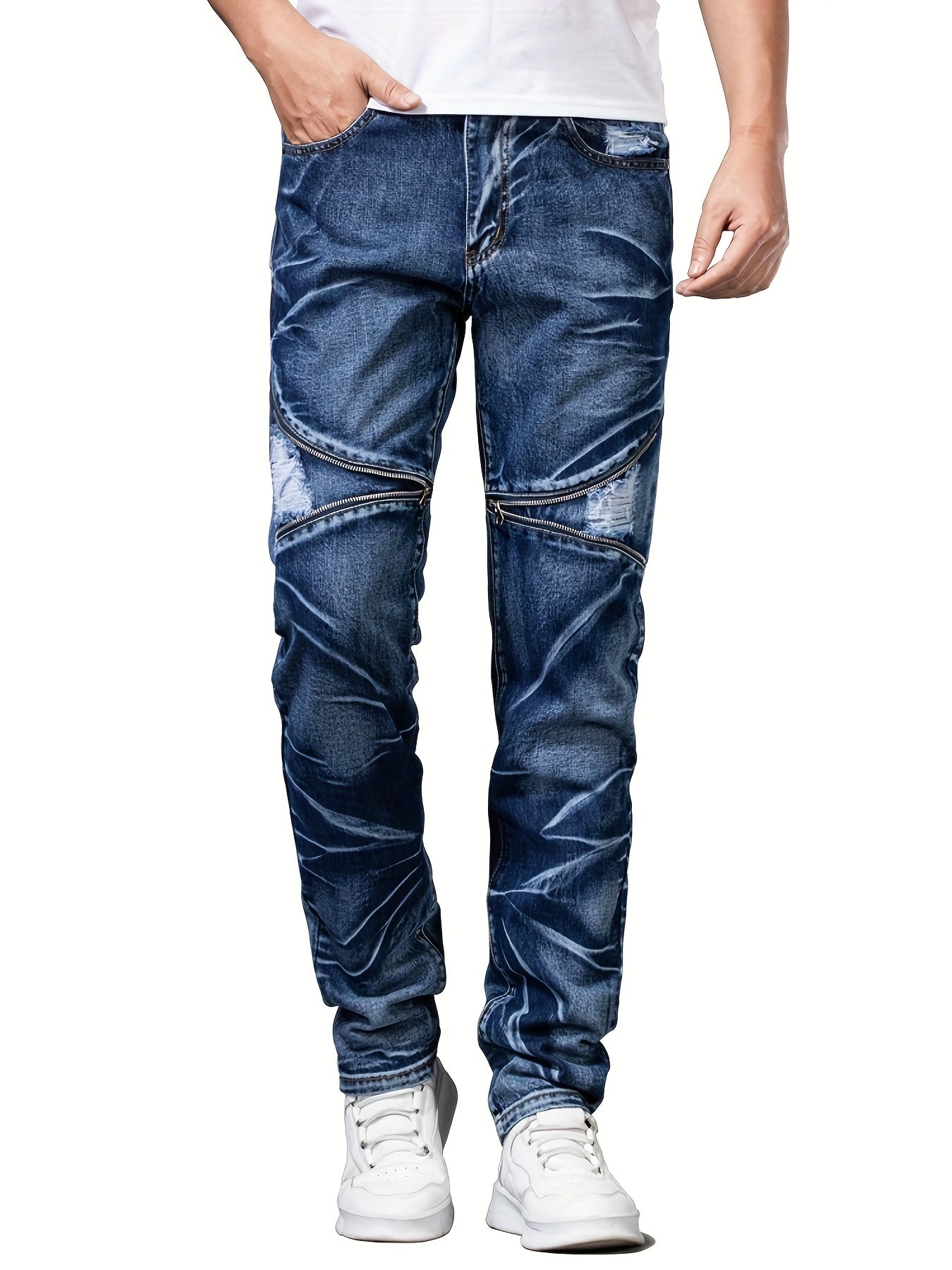 Men's Zipper Tie Dye Ripped Jeans Casual Street Style Denim Pants
