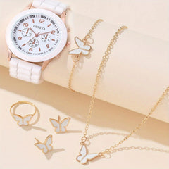 Kids PVC Strap Quartz Watch & Jewelry Set