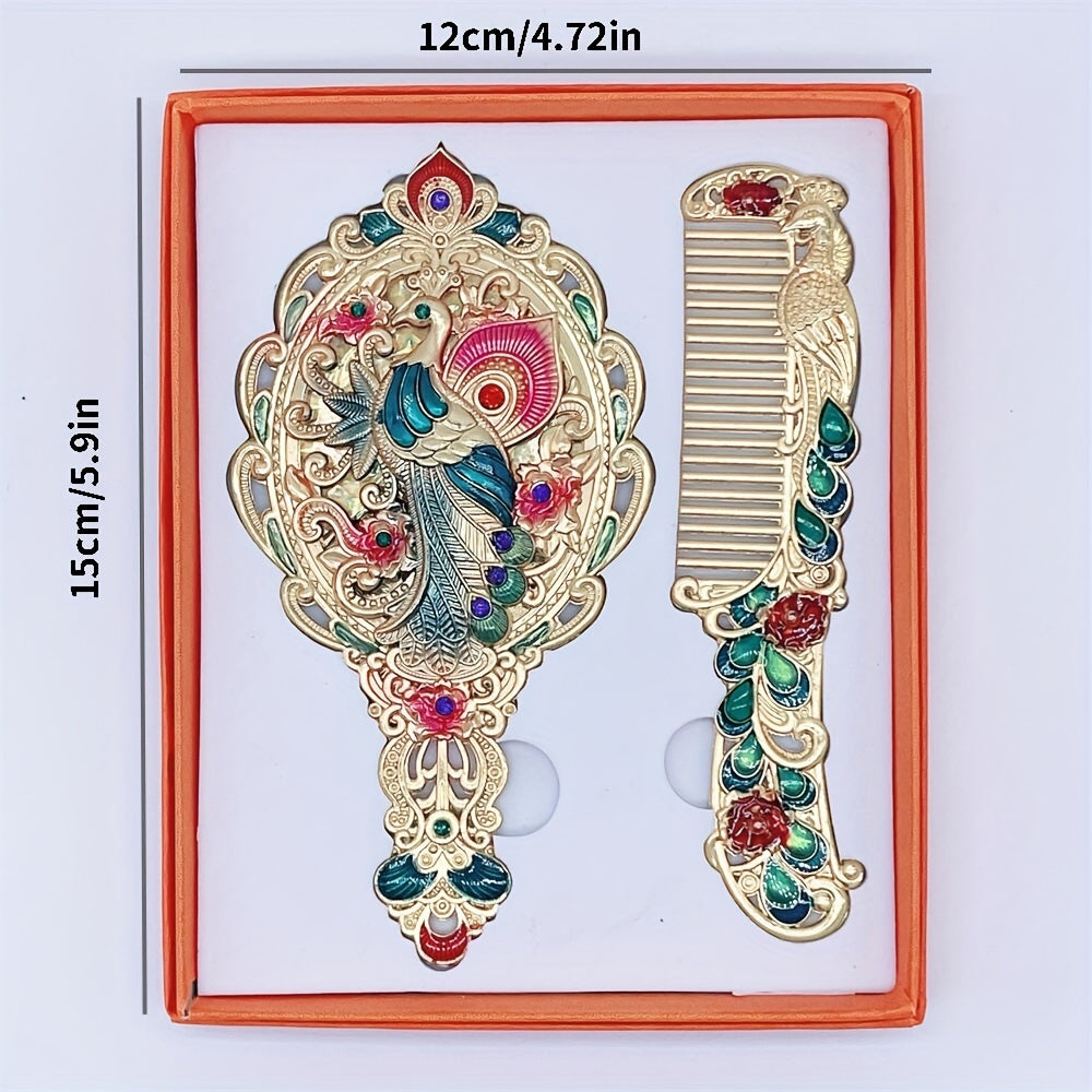 Classic Peacock Handle Mirror Comb Kit
