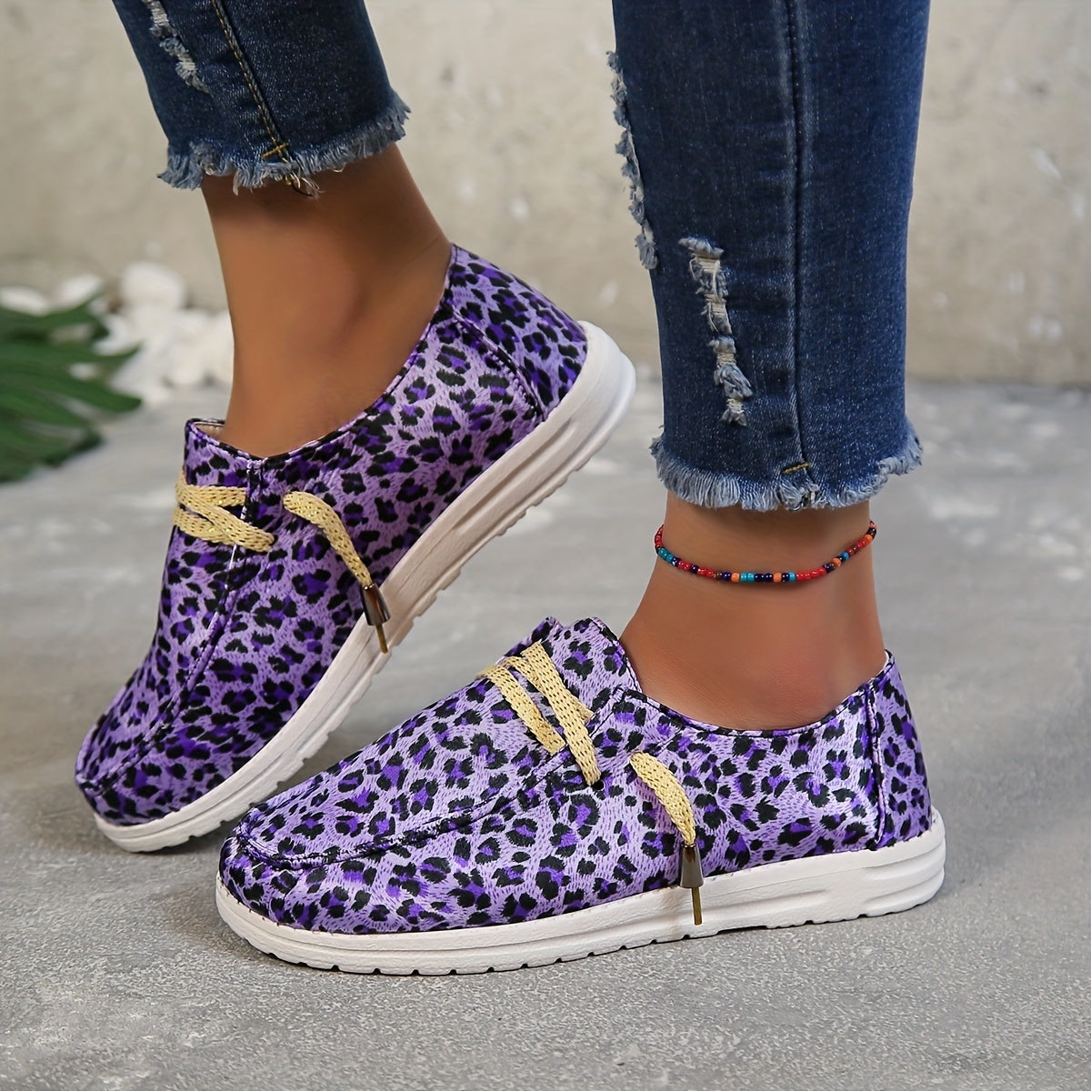 Purple Leopard Print Canvas Shoes Lightweight Lace Up Shoes
