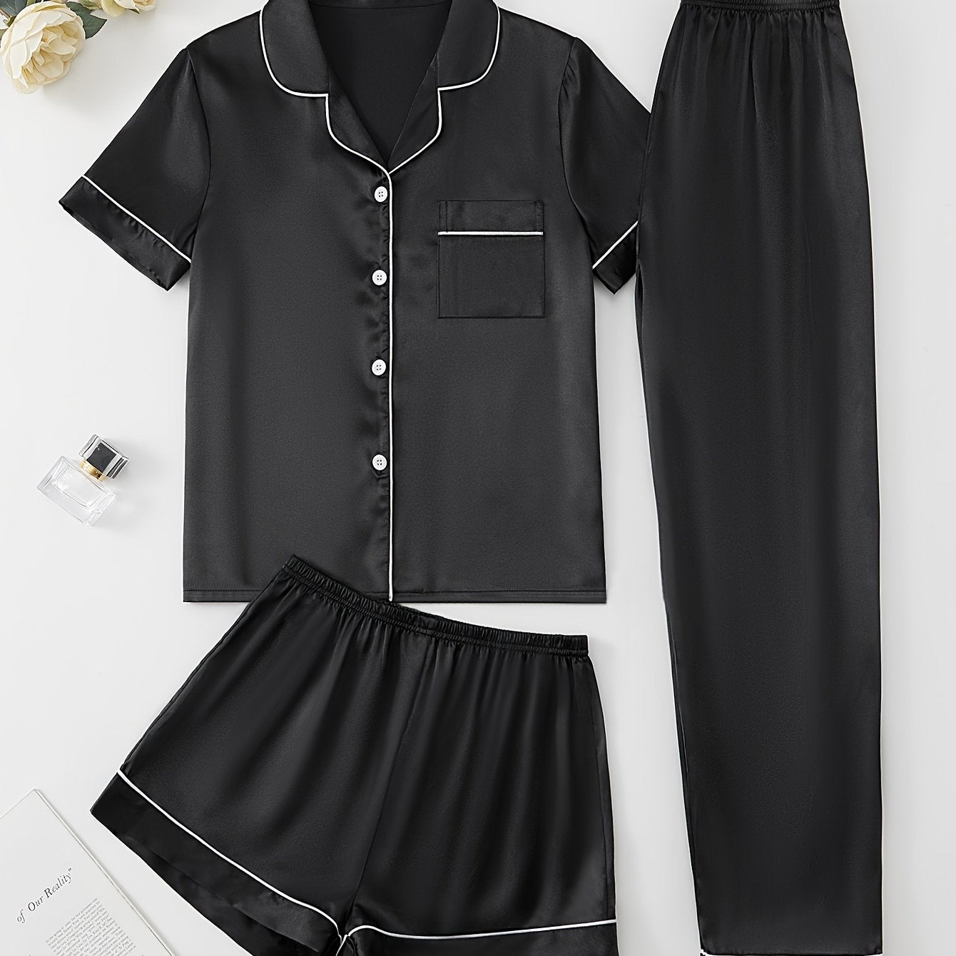 Satin Pajamas Set Short Sleeve Top & Shorts & Pants