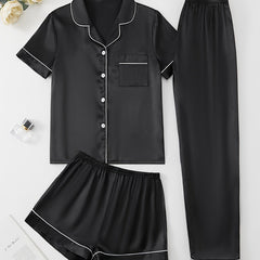Satin Pajamas Set Short Sleeve Top & Shorts & Pants