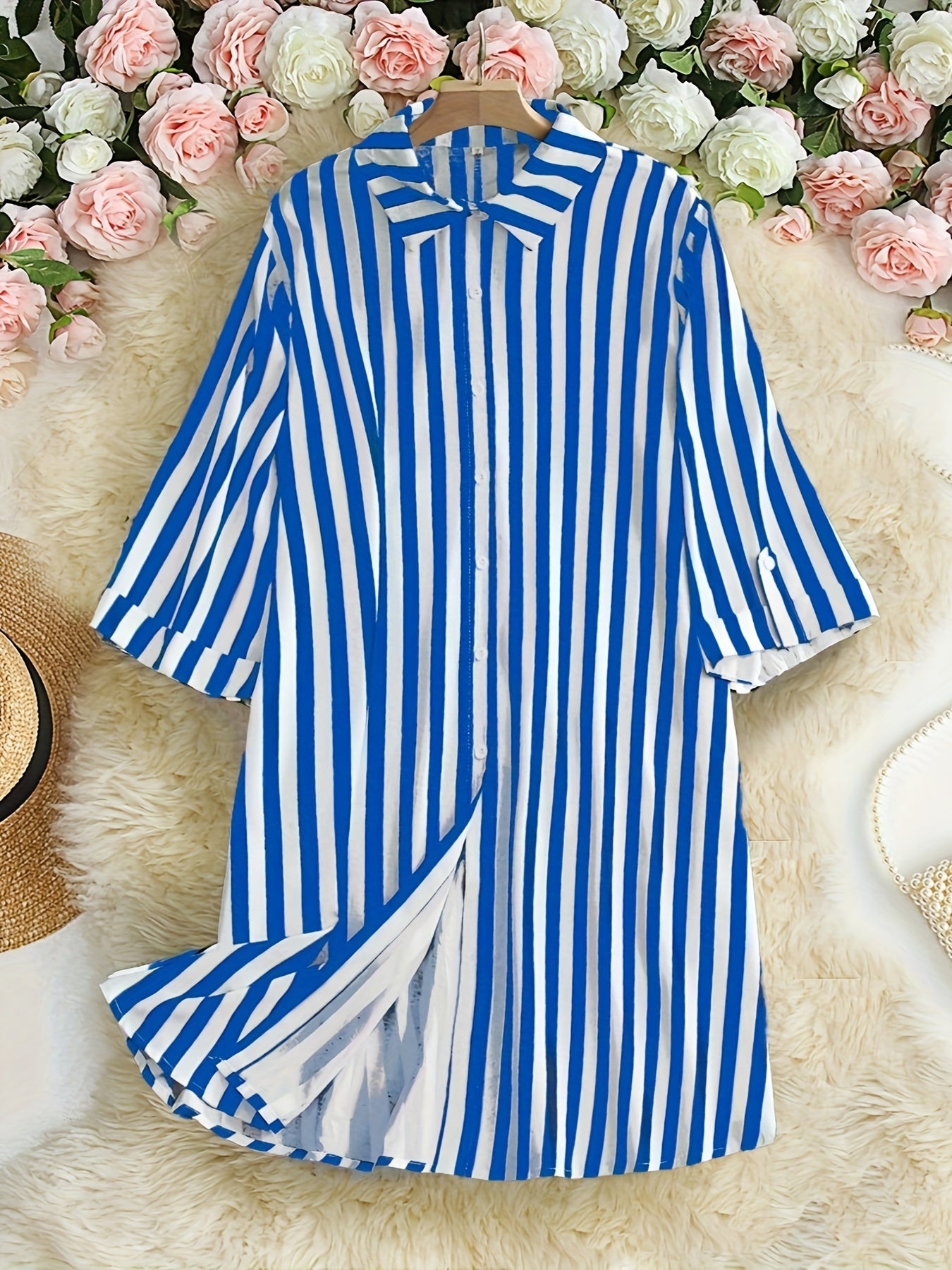 Stripe Print Button Up Roll Up Sleeve Blouse