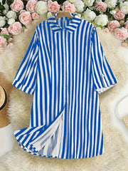 Stripe Print Button Up Roll Up Sleeve Blouse