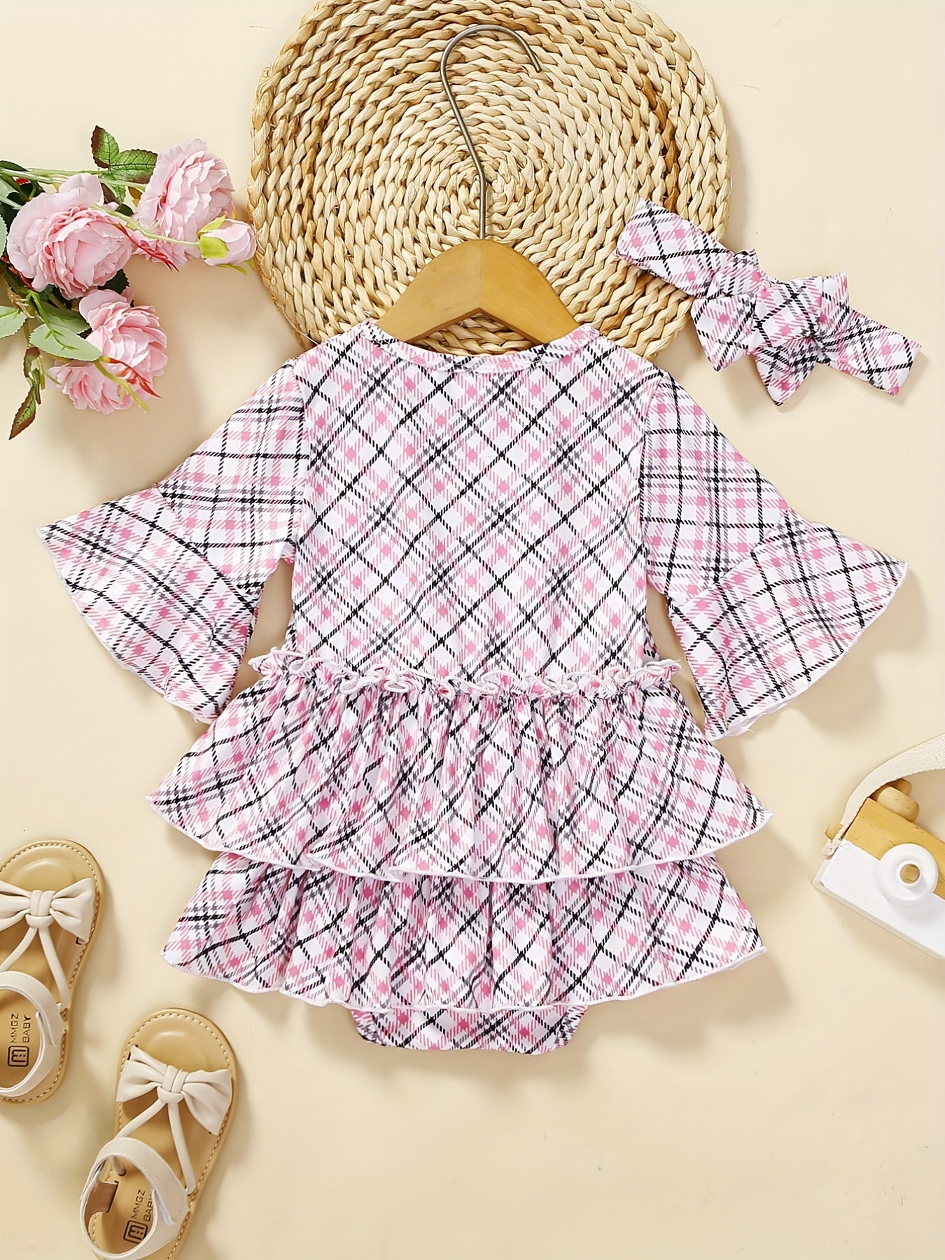 2pcs Baby Girls Plaid Onesie Dress & Headband Flared Sleejsons Princess Dress