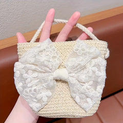 Children's Bow Decor Straw Woven Crossbody Bag for Girls