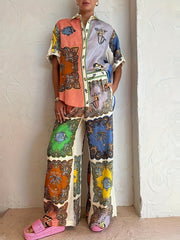 Retro Outfits Set Women's Plus Scarf Print Shirt & Pants Two Piece Set