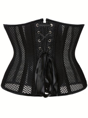 Corset Top Women's Plus Contrast Mesh Boned Lace Up Waist Belt